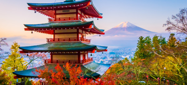 Beautiful landscape of mountain fuji with chureito pagoda around maple leaf tree in autumn season at Yamanashi Japan