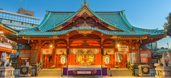 January 13, 2017: Kanda Shrine at dusk. The shrine's history dates to the year 730.