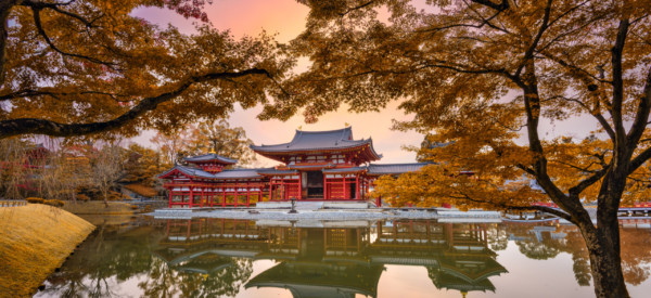 Uji, Kyoto, Japan at Byodo-in Temple's Phoenix hall.