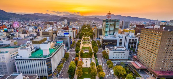 Sapporo, Japan Cityscape over Odori Park at dusk.