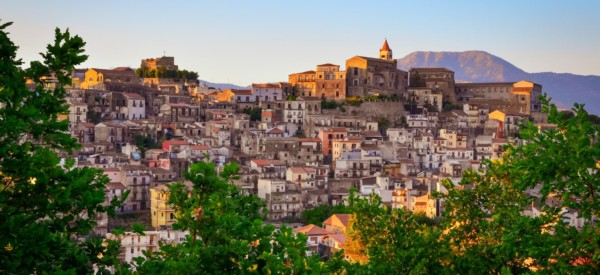 Scenic sunset view of Castiglione di Sicilia village, Sicily, Italy