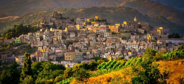 Scenic sunset view of Castiglione di Sicilia village, Sicily, Italy