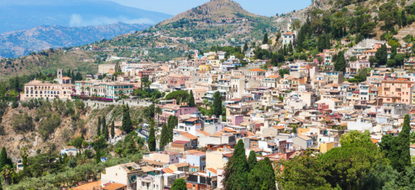 travel to Sicily, Italy - skyline of Taormina city in summer day