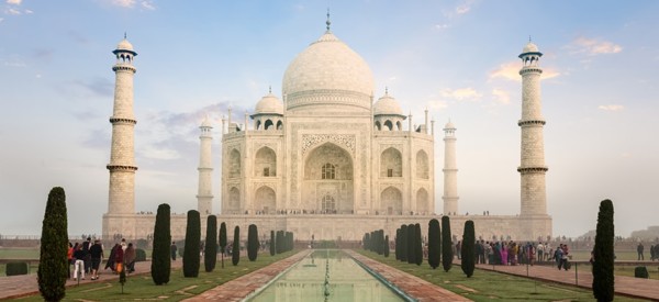 Taj Mahal on sunrise sunset, Indian Symbol - India travel background. Agra, Uttar Pradesh, India