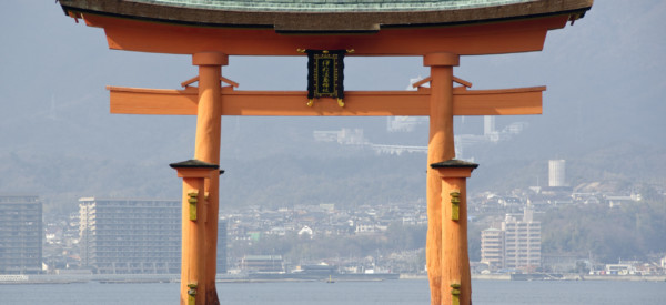 Tori gate at Itsukushima Shrine on Miyajima Island, near Hiroshima, Japan