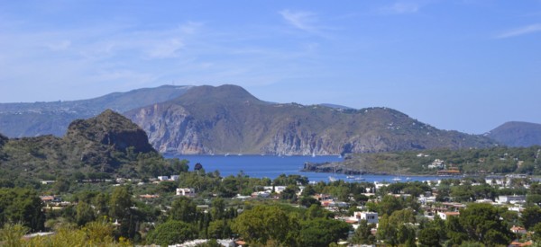 Volcano island in Sicily, Italy. Panorama of Aeolian Islands