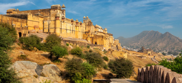 Indian travel famous tourist landmark - view of Amer (Amber) fort and Maota lake, Rajasthan, India