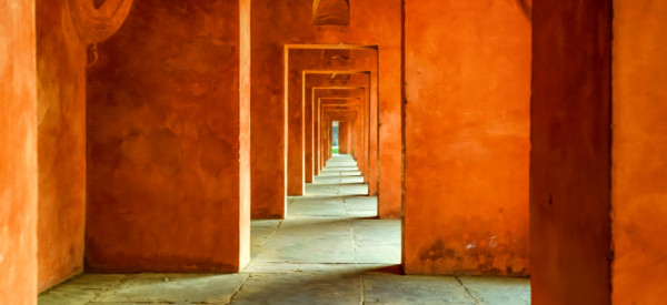 Beautiful view of arched hallway at the Taj Mahal in India