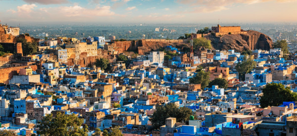 Aerial view of Jodhpur, also known as Blue City due to the vivid blue-painted Brahmin houses around Mehrangarh Fort. Jodphur, Rajasthan, India