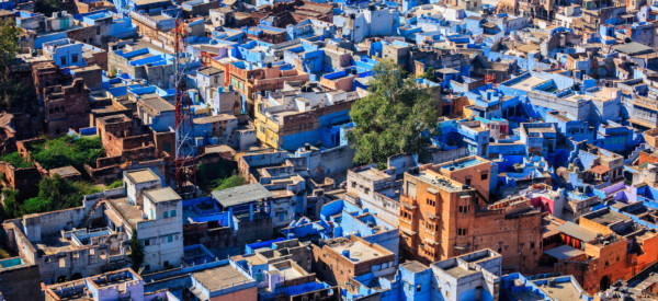 Aerial view of Jodhpur, also known as Blue City due to the vivid blue-painted Brahmin houses around Mehrangarh Fort. Jodphur, Rajasthan