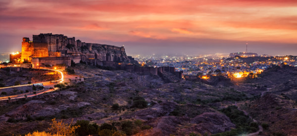 Famous indian tourist landmark Mehrangarh fort in twilight. Jodhpur, Rajasthan, India