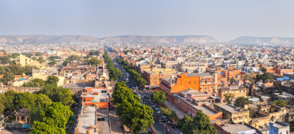 Panorama of aerial view of Jaipur  (Pink city) - Hawa Mahal (Palace of Winds" or “Palace of the Breeze”) and Jantar Mantar observatory. Jaipur, Rajasthan, India