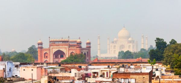 Panorama of Taj Mahal view over roofs of Agra, Uttar Pradesh, India