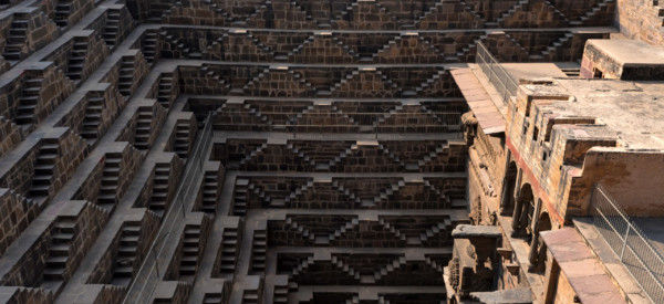 The famous Chand Baori Stepwell in the village of Abhaneri, Rajasthan, India. The deepest and the largest in India